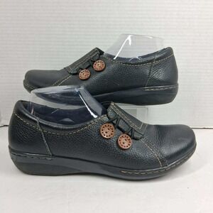 Clarks Collection Black Leather Cushion Soft Button Slip On Loafers Womens 10 M